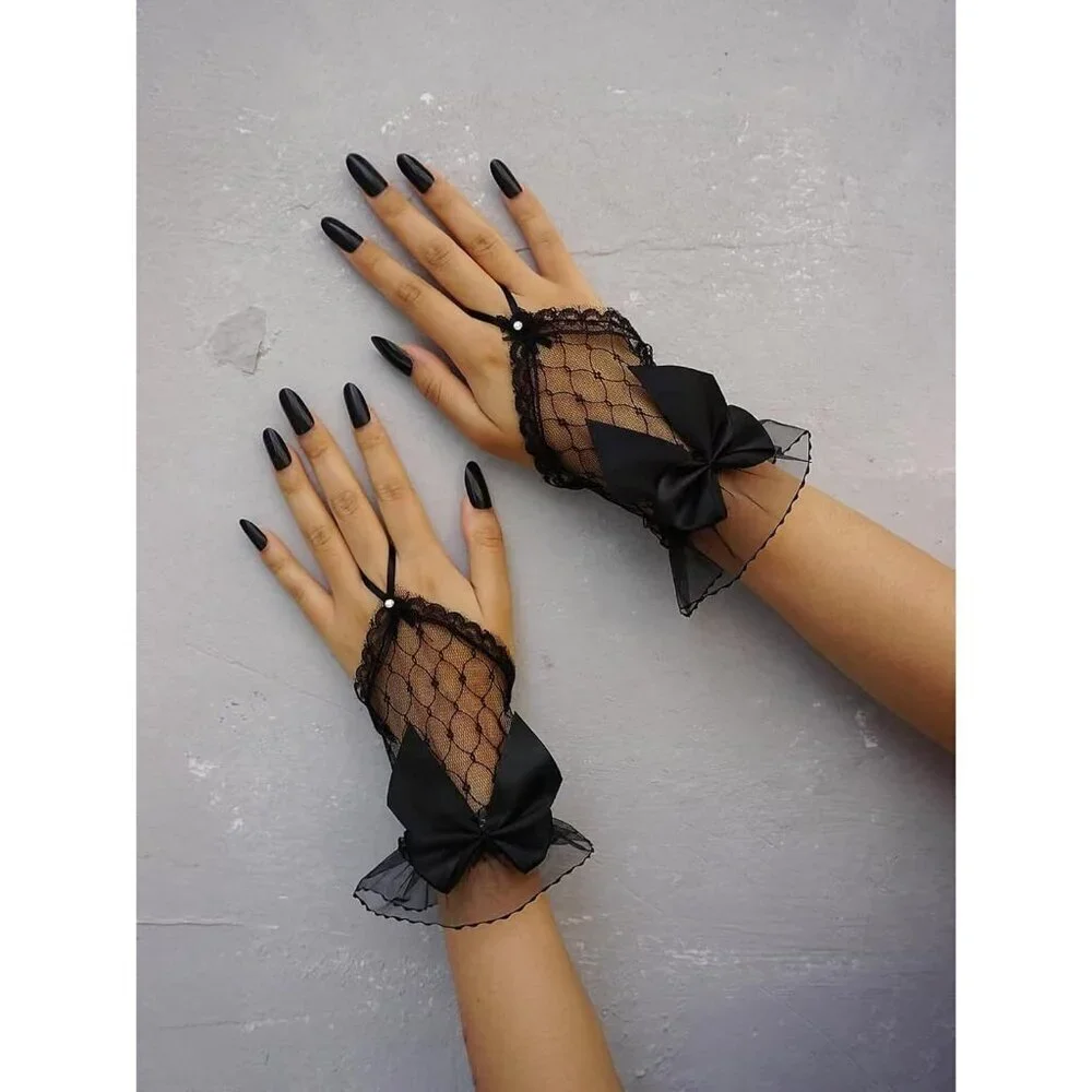 Women's Front Wrist Cuff Floral Lace Bow Wrist Black Mesh Bridal Prom Gloves